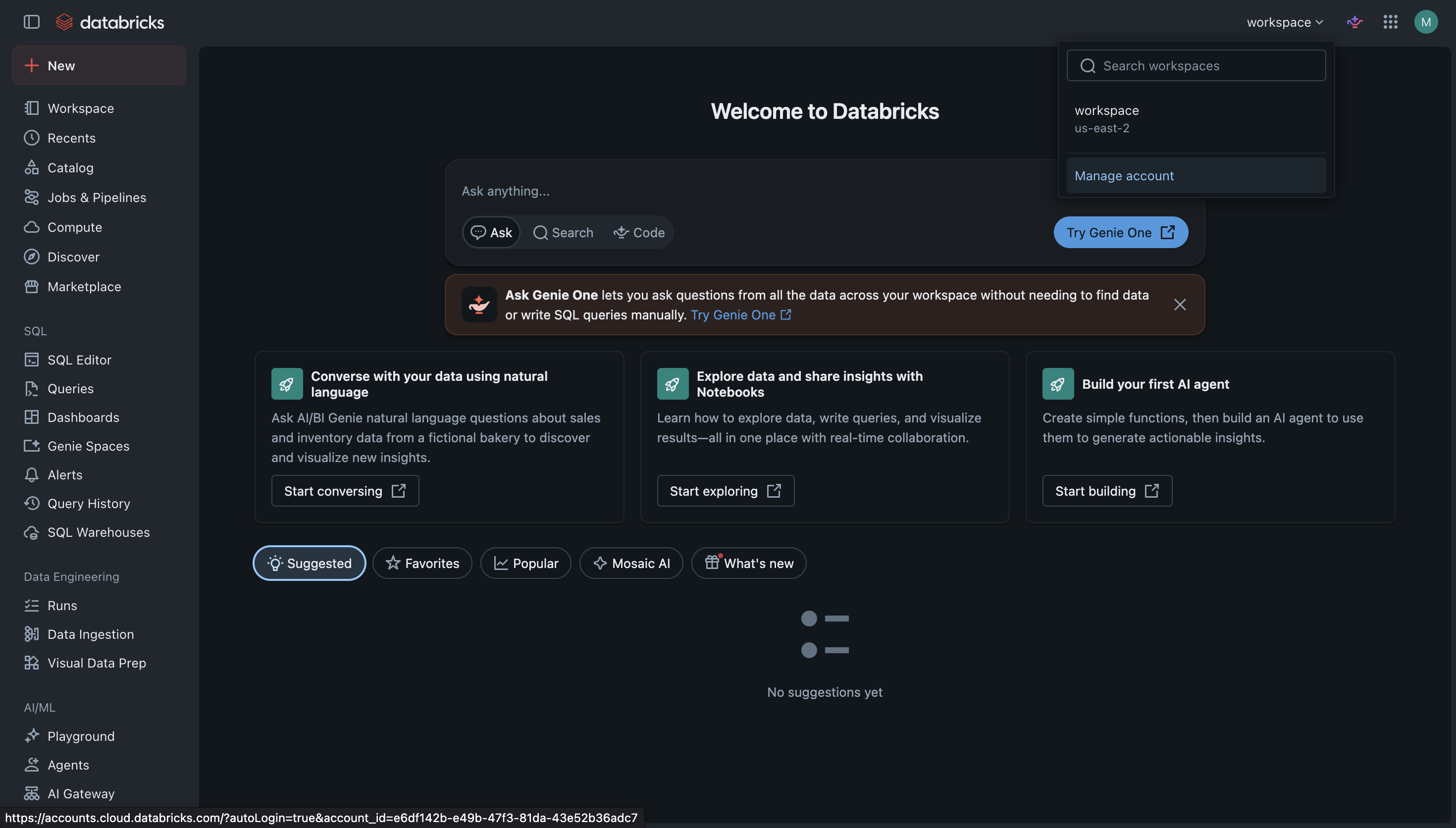 Databricks workspace switcher with Manage account