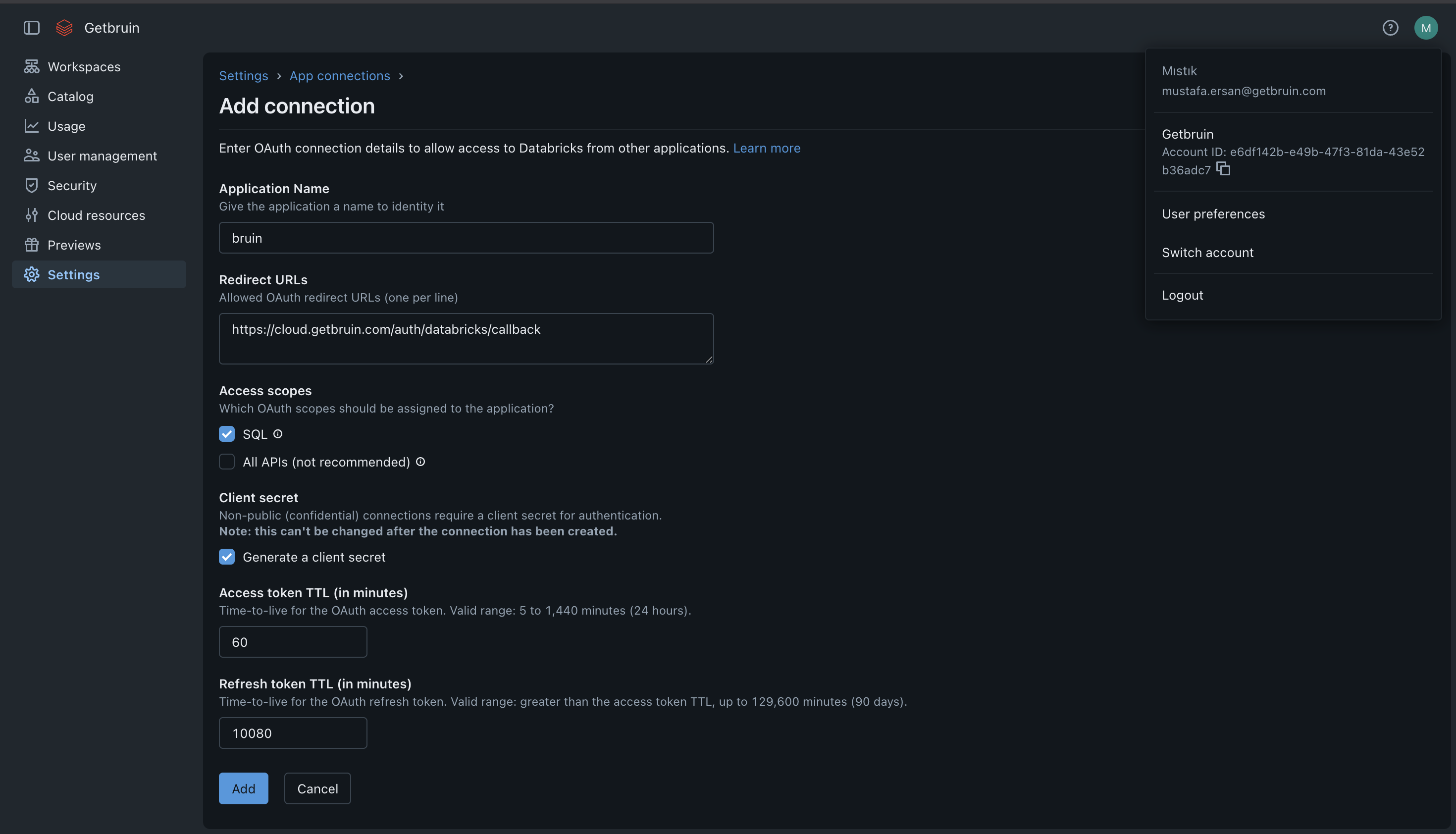 Add connection form in Databricks