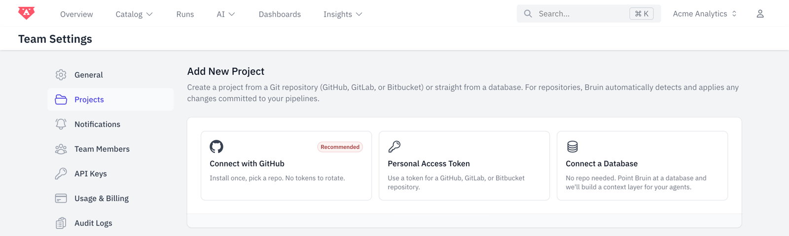 Connecting a repository as a project