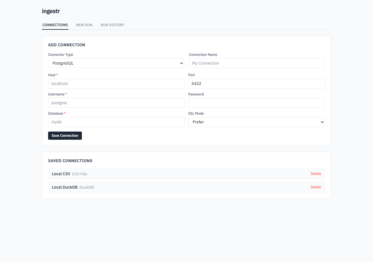 ingestr server connections tab